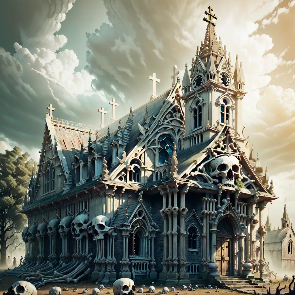 The image is a digital painting of a Gothic church. The church is made of bones and skulls. It has a large door and a tall steeple. There are trees and a graveyard with many skulls on the ground around the church. The sky is cloudy and there is a dark atmosphere.