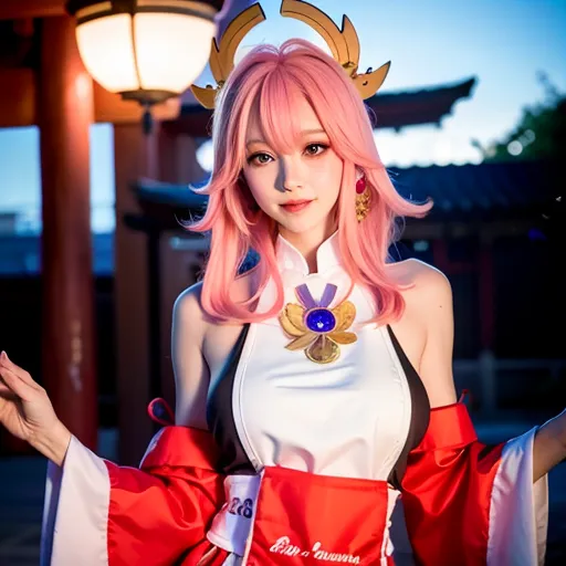 这张图片是一位年轻女性扮演《原神》游戏中的角色八重神子的cosplay照片。她站在一个传统的日式场景中,背景有一盏红色的灯笼和一座鸟居。她穿着白色和红色的和服,系着粉色的腰带,头上还有一个大大的粉色蝴蝶结。她有着长长的粉色头发和紫色的眼睛,还戴着一个狐狸面具。她双手伸出,脸上带着温和的微笑。