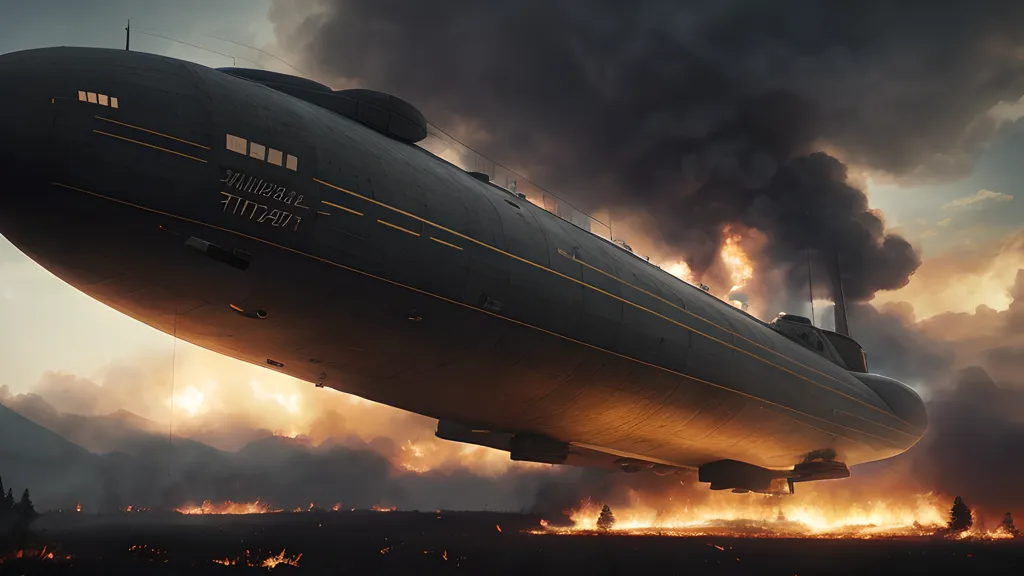 The image shows a large, dark-colored airship flying over a burning forest. The airship is shaped like a zeppelin, with a long, cylindrical body and a pointed nose. It has several large engines on its sides, and is covered in portholes and other details. The forest below the airship is on fire, and the flames are reaching up to the sky. The airship is flying at a low altitude, and it looks like it is about to land.