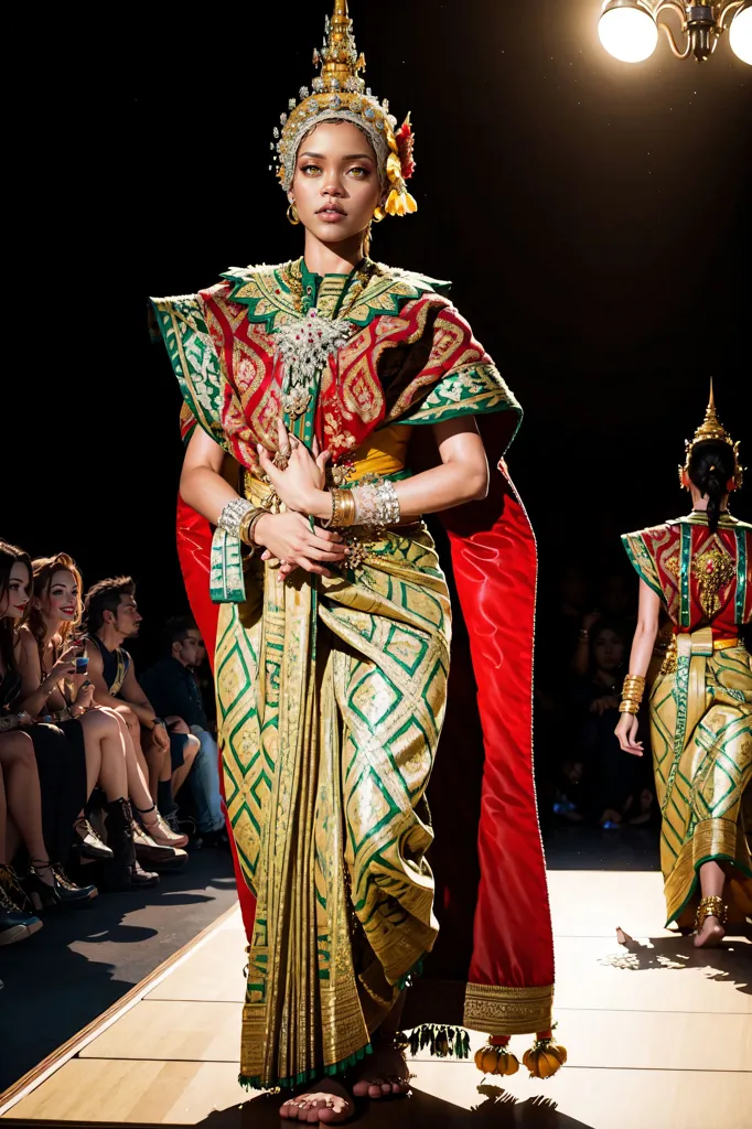 The image shows a woman of color wearing a traditional Thai outfit. She is wearing a golden headdress and a red and gold outfit. The outfit is made of a long skirt and a blouse. The blouse is red and gold and has a V-neck. The skirt is gold with green and red geometric patterns. She is also wearing a red sash with gold trim. She is barefoot and is wearing a lot of jewelry, including necklaces, bracelets, and earrings. Her makeup is also very traditional, with heavy eyeliner and red lipstick. There are two other women in the background, also wearing traditional Thai outfits. There is a spotlight on the woman in the center, and there are people sitting in the background, watching her.