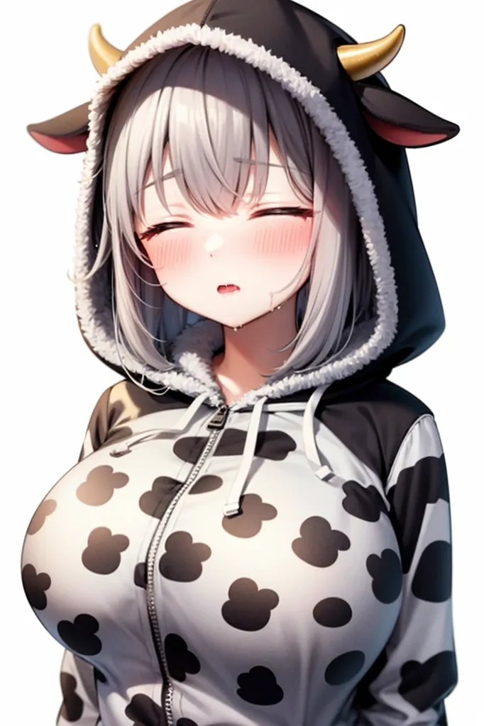 The image is of an anime-style girl with white and light gray hair. She is wearing a cow-themed hoodie with black cow ears and black and white spotted udders. The girl has large breasts and is looking at the viewer with a shy expression. She is also blushing.