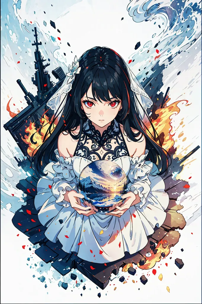 This is an image of a young woman in a white dress with long black hair and red eyes. She is standing in front of a large ship that is on fire. She is holding a crystal ball in her hands that is showing a peaceful landscape. She is wearing a white dress with a black lace overlay. The dress has a sweetheart neckline and off-the-shoulder sleeves. She is also wearing a veil. There are several guns floating around her and there are flames coming from the ship behind her.