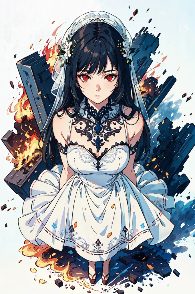 The image is of a young woman in a white wedding dress. She has long black hair and red eyes. She is standing in front of a burning building. The woman is wearing a white wedding dress with a sweetheart neckline and a long, flowing skirt. The dress is trimmed with black lace. She is also wearing a white veil with a floral pattern. The woman's hair is long and black, and it is styled in a half-up, half-down hairstyle. Her eyes are red, and she has a serious expression on her face. The woman is standing in front of a burning building. The building is made of brick, and it is engulfed in flames. The woman is standing in the middle of the street, and she is surrounded by debris. The woman is looking at the camera, and she has a determined expression on her face.