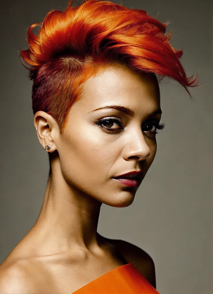 The image shows a woman with short red hair. The hair is cut in a Mohawk style, with the sides of the head shaved and the hair on top of the head left long. The long hair is a bright orange color. The woman's skin is dark and her eyes are brown. She is wearing a red dress.