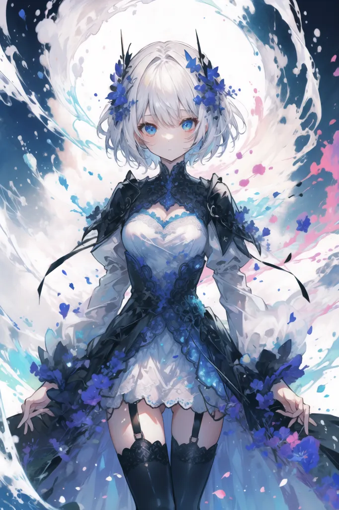 The picture shows a beautiful anime girl with white hair and blue eyes. She is wearing a white and blue dress with a black corset. The dress is decorated with blue flowers. She is also wearing black stockings and a pair of black boots. There are blue and pink splashes around her.