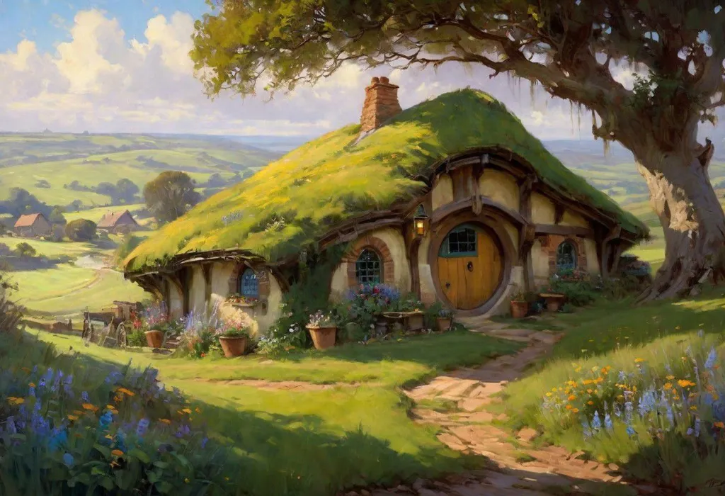 The image is of a hobbit hole, a fictional underground dwelling from the Lord of the Rings series. It is a round, green door with a yellow light shining from inside. The hobbit hole is located in a rural setting, with a large tree to the right and rolling hills in the background. The image is peaceful and serene, and it evokes a sense of wonder and adventure.