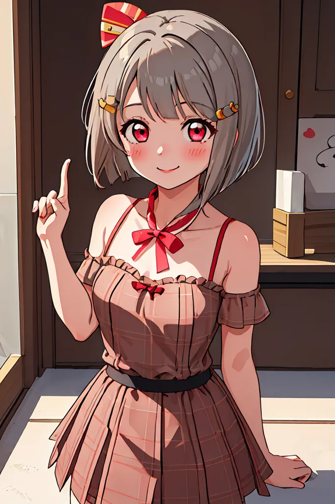 The image contains a cute anime girl with short grey hair and red eyes. She is wearing a brown and red dress with a white apron. She is pointing with one finger and has a small smile on her face. She is standing in a room with a wooden wall and a door.