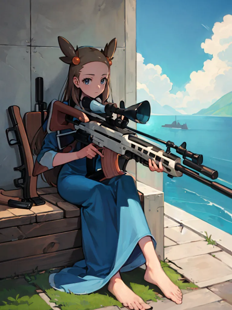 The image is of a young girl with brown hair and brown eyes. She is wearing a blue dress and is sitting on a wooden box. She is holding a large gun and is looking through the scope. There are two other guns leaning against the box. The background is of a blue sky and ocean with a ship in the distance.