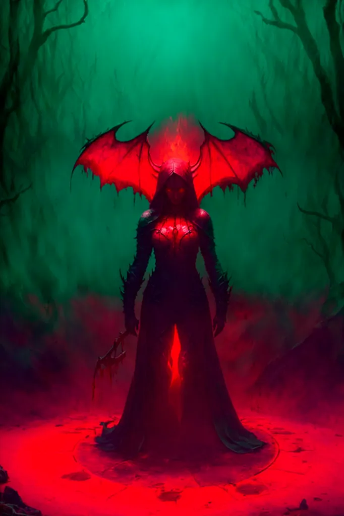 The image is of a demoness with red skin and black hair. She is wearing a black dress with red accents and has red wings. She is standing in a forest with a green background. The demoness is holding a bloody axe in her right hand. She is looking at the viewer with a menacing expression.