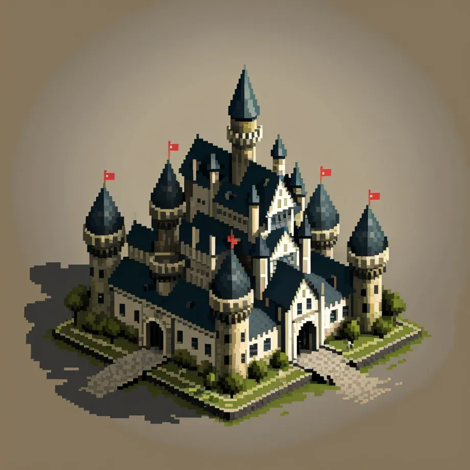 The image is a pixelated illustration of a castle. The castle is gray and blue with red flags on the towers. It is surrounded by trees and has a path leading up to it. The castle is in the center of the image and takes up most of the space. The background is a light brown color.