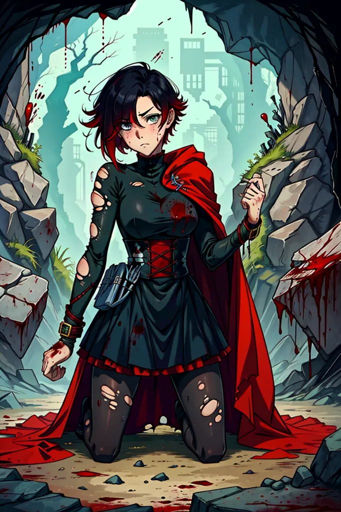 This image is of a young woman with black hair and red eyes. She is wearing a tattered black dress and a red cape. She is kneeling in a cave, surrounded by rocks and rubble. The ground is covered in blood. The woman's expression is one of sadness and despair.