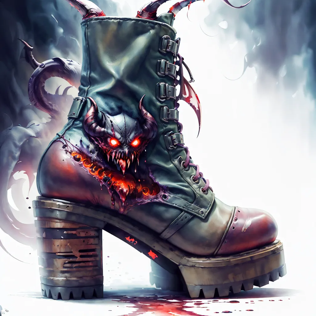 The image is a photo of a boot. The boot is made of green leather and has a high heel. The boot is decorated with a skull and crossbones on the toe and has a demon's face on the side. The demon's face is red and black and has horns and sharp teeth. The boot is also covered in blood.