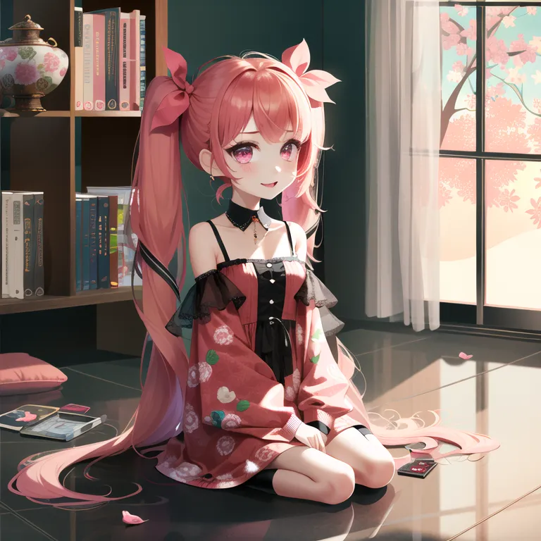 The image shows a cute anime girl with pink hair and pink eyes. She is wearing a pink dress with a white collar and a black choker. She is sitting on the floor in a room with a bookshelf, a window, and a pink curtain. There are some books and a smartphone on the floor. The girl is smiling and has her hands on her lap.