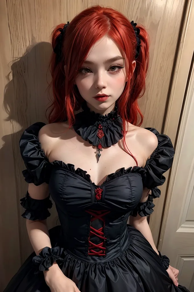 This is an image of a beautiful woman with long red hair. She is wearing a black dress with a red corset. The dress has a sweetheart neckline and off-the-shoulder sleeves. The woman is also wearing a black choker with a red gem in the center. Her hair is styled in two pigtails with red bows at the ends. The woman has a pale complexion and red lips. She is looking at the camera with a serious expression.