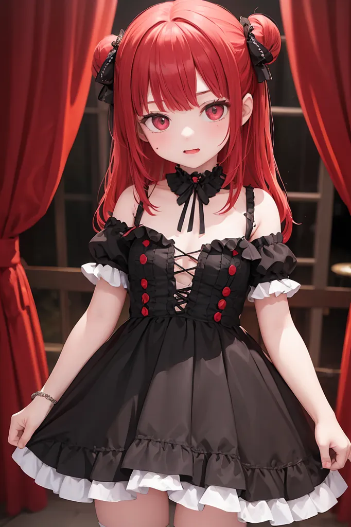 This is an image of a young girl with bright red hair and red eyes. She is wearing a black dress with a white collar and red buttons. The dress has a corset-like bodice with a white camisole underneath. The skirt is full and fluffy, with a white petticoat underneath. She is wearing black stockings and white shoes. Her hair is worn in two buns on top of her head, and she has a black bow in her hair. She is standing in front of a red curtain.