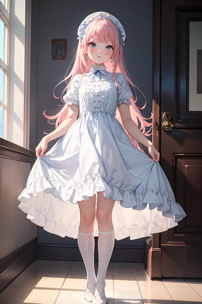 The image contains a cute anime girl with pink hair and blue eyes. She is wearing a white and blue dress with a white bow in her hair and white socks. She is standing in a room with a wooden door and a window. The girl is smiling and looks happy.