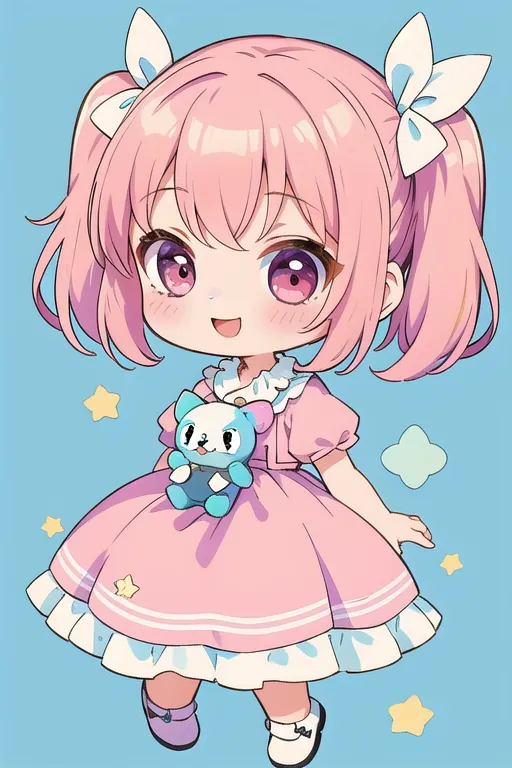 The image shows a cute anime girl with pink hair and purple eyes. She is wearing a pink dress and has a blue stuffed animal in her hands. The background is white with pink stars. The girl is smiling and looks happy.