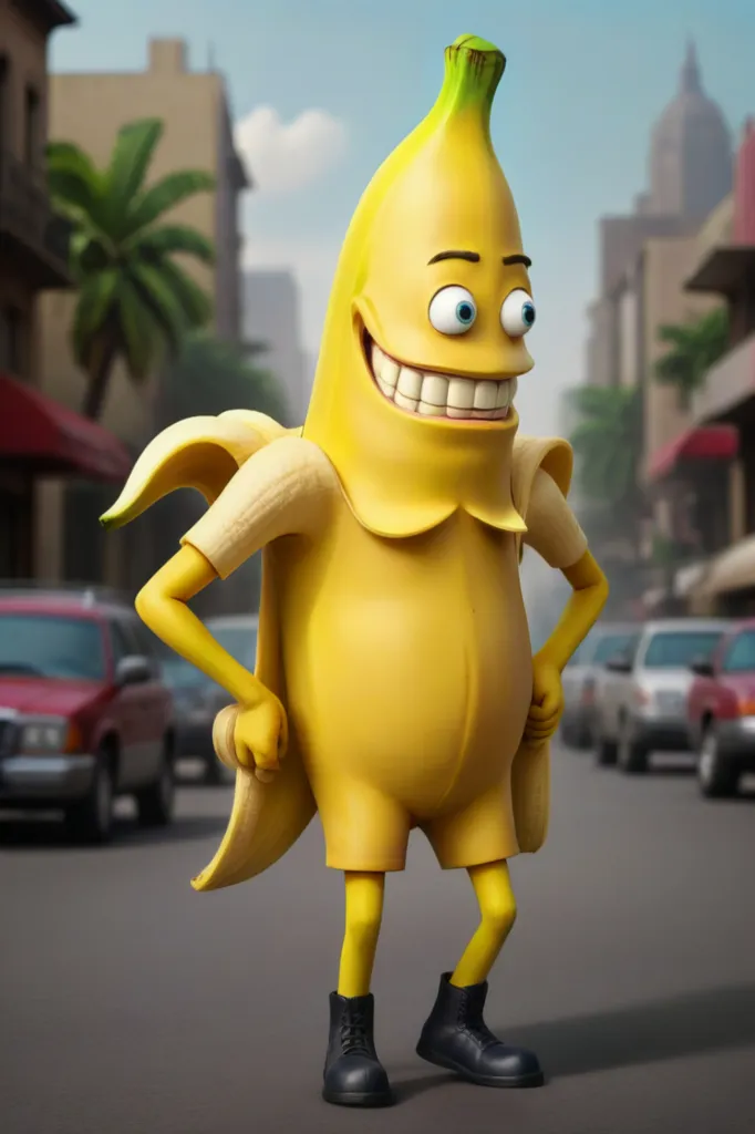 This is a 3D rendering of a banana. The banana is wearing a pair of black boots and a pair of shorts. The banana is smiling and has its hands on its hips. The banana is standing in a city street with cars parked on either side and buildings in the background. The sky is blue and there are some clouds in the sky.