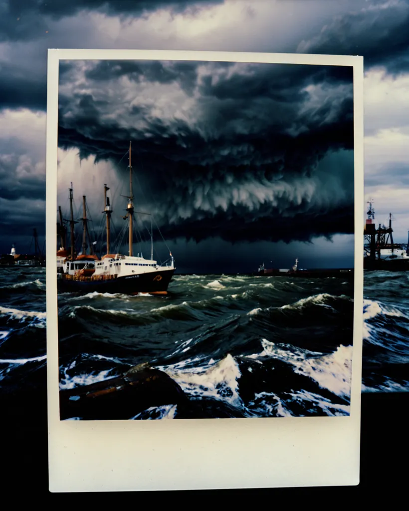 The photo shows a stormy sea. The waves are huge and the wind is strong. A ship is being tossed around by the waves. It looks like it is about to sink. The photo is taken from a high angle, which makes the scene look even more dramatic. The dark clouds in the background add to the sense of danger. The photo is a reminder of the power of nature and the importance of being prepared for anything.