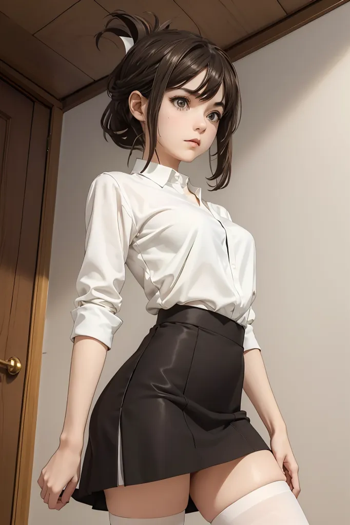 (masterpiece, best quality), 1girl,   <lora:Kana Kojima:1> aakojima, brown hair, brown eyes, folded ponytail,bangs, white shirt, skirt, pencil skirt, black pantyhose