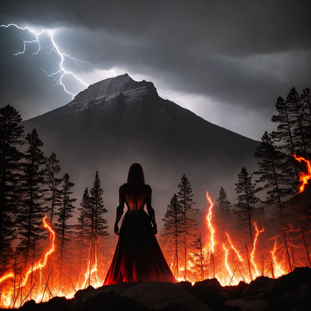 The image is a dark and stormy night. A woman in a red dress is standing on a cliff, overlooking a forest fire. The fire is raging through the trees, and the woman is silhouetted against the flames. The sky is dark and cloudy, and there is a bolt of lightning in the distance. The woman is wearing a red dress with a long flowing skirt. She has long hair that is blowing in the wind. The woman's face is not visible, but her body is outlined in the light of the fire. The forest fire is burning behind her, and the flames are reaching up to the sky. The woman is standing on a cliff, and there is a large drop-off behind her. The image is full of contrast, with the bright flames of the fire against the dark sky. The woman is a small figure in the middle of the image, and she is dwarfed by the size of the fire. The image is both beautiful and terrifying, and it evokes a sense of danger and awe.