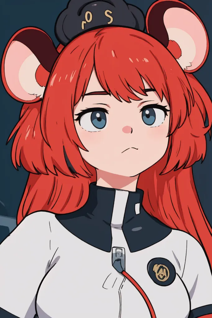 The image is a portrait of a young woman with red hair and blue eyes. She is wearing a white shirt with a red collar and a black hat with a red band around it. She has mouse ears sticking out of the top of her hat. She is looking at the viewer with a slightly annoyed expression on her face.