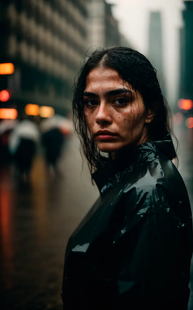 一个有着长长黑发的年轻女子站在雨中。她穿着一件黑色雨衣,面带严肃表情望向镜头。背景模糊不清,城市的灯光在湿润的地面上反射。