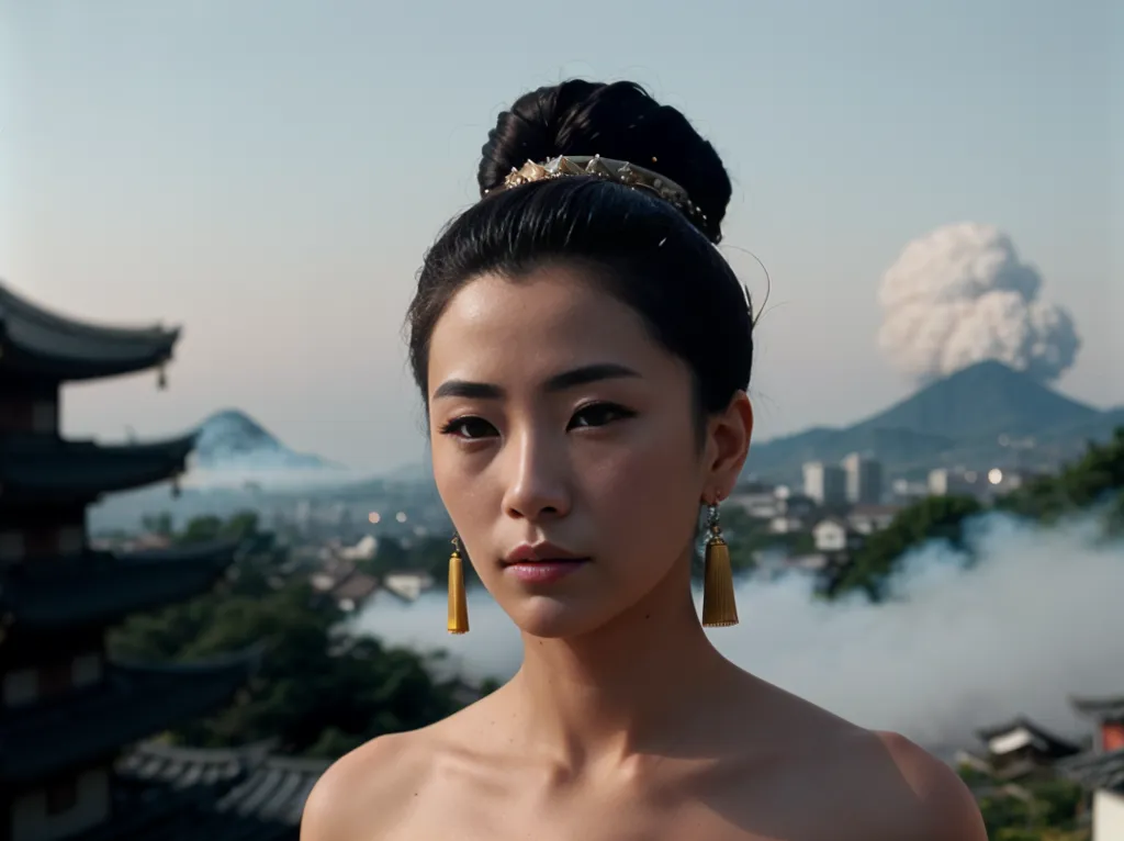 A young Asian woman is standing on a rooftop in a traditional Chinese setting. She is wearing a white dress with a red sash and has her hair in a bun. The background is a mountain range with a volcano erupting in the distance. The woman is looking at the camera with a serious expression.