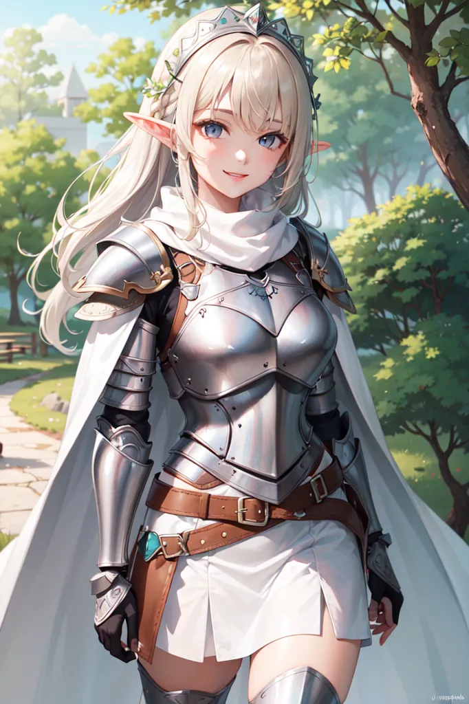 The image is of a beautiful young woman with long white hair and blue eyes. She is wearing a white and silver suit of armor and a white cape. She has a sword at her side and is standing in a forest. The background is a blur of green trees. The woman is smiling and looks happy.