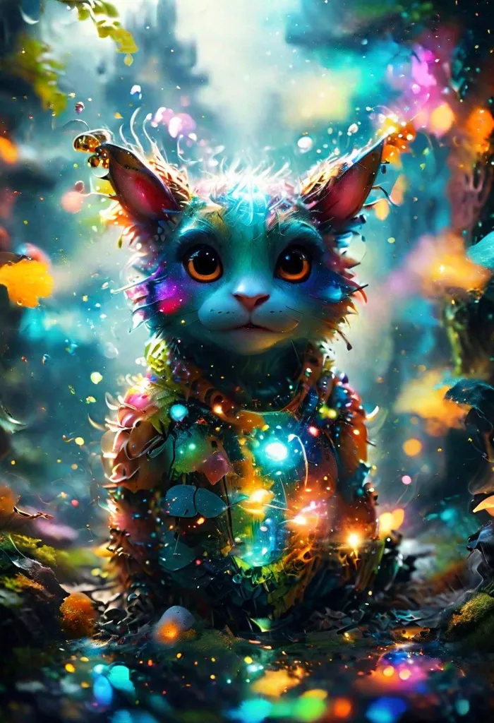 The image is a colorful digital painting of a cat-like creature with big eyes and a long tail. The creature is sitting in a forest, surrounded by glowing flowers and plants. The creature's fur is a rainbow of colors, and its eyes are a deep blue. The painting has a soft, dreamy quality, and it seems to capture the magic of the forest.