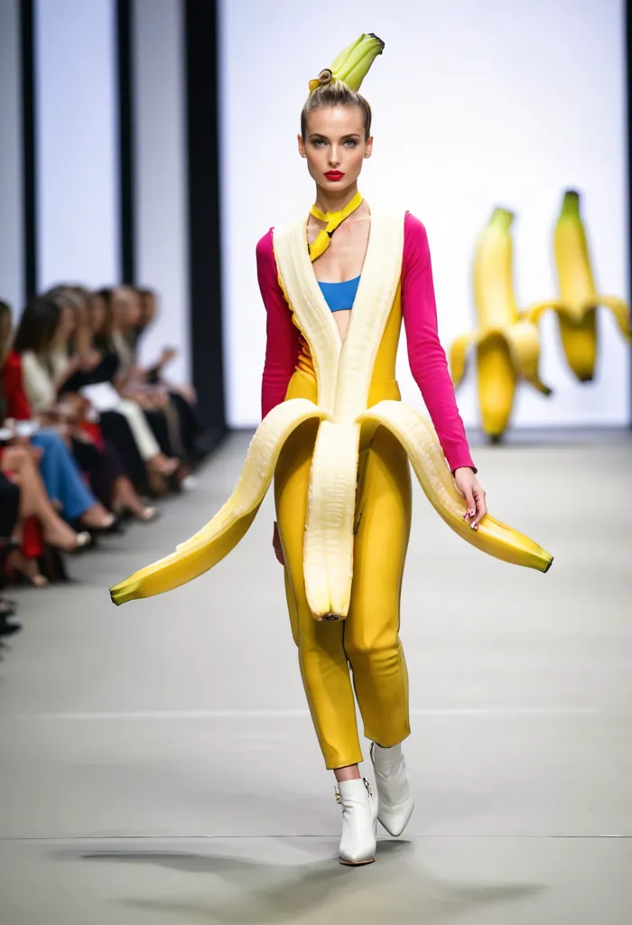 This image shows a model wearing a very unique outfit. The outfit is made to look like a banana. The model is wearing a yellow bodysuit that has been shaped to look like a banana. She is also wearing a yellow hat that is shaped like a banana peel. The outfit is very eye-catching and is sure to make a statement.