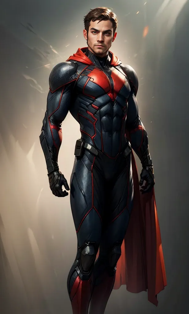 The image shows a superhero wearing a black and red suit. The suit has a red cape and a red symbol on the chest. The superhero is standing in a dark place. There is a bright light behind him. The superhero is looking at the viewer with a serious expression.