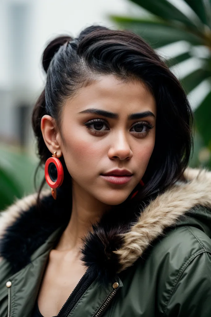 This is a picture of a young woman, probably in her late teens or early twenties. She has long, dark hair, and light brown eyes. She is wearing a green jacket with a fur collar, and a black top. She has a serious expression on her face.