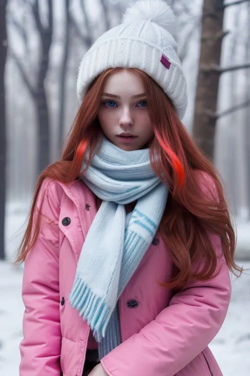 BETA  TEST, 1girl, young and gorgeous,(red long hair):1.8, perfect body, looking at viewer, upper body, soft face, winter season,(winter clothes  in colors  light magenta, pastel orange, dark blue, and white):1,2