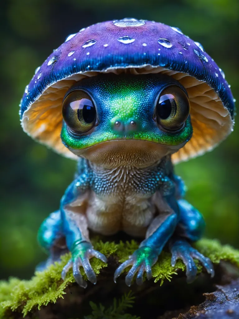 The image shows a small, colorful frog sitting on a mossy rock in the middle of a forest. The frog has a bright green body with blue and yellow markings and a purple mushroom cap on its head. The frog is looking at the camera with its big, round eyes. The image is taken from a low angle, which makes the frog look even more majestic.