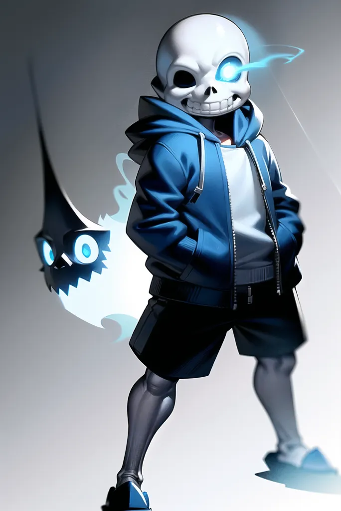 The image is of Sans, a character from the popular video game Undertale. He is a short skeleton wearing a blue hoodie and shorts. He has a friendly expression on his face and is standing in a relaxed pose. There is a blue and white ghost-like creature  with a single eye and a mischievous expression floating behind him. The background is a simple grey gradient.