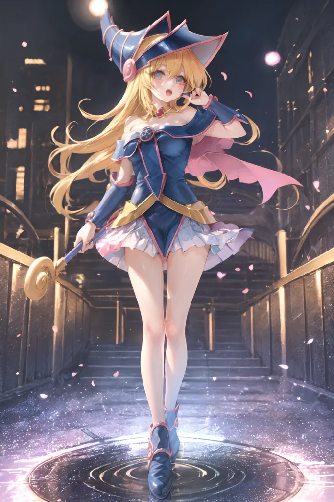 The image is of a young woman, likely in her late teens or early twenties, with long, flowing blonde hair and blue eyes. She is wearing a blue and white dress with a long pink cape. The dress is trimmed with gold and has a white collar. She is also wearing a blue hat with a long brim. She is standing on a stone bridge, with a city in the background. The bridge is lined with pink flowers. The woman is holding a staff in her right hand. The staff is topped with a crescent moon. The woman is looking at the viewer with a smile on her face.