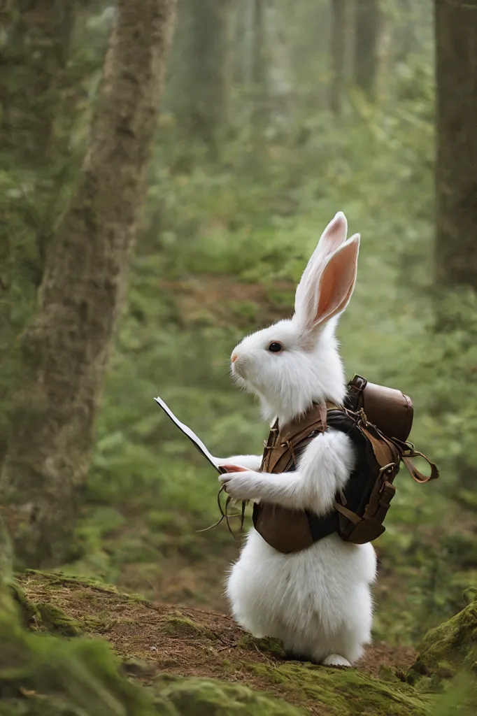 The image shows a white rabbit standing on a rock in the middle of a forest. The rabbit is wearing a brown leather backpack and holding a map. The rabbit is looking to the right of the frame, as if it is looking for something. The forest is full of tall trees and green moss. The ground is covered in leaves and branches. The image is very realistic and seems to have been taken by a professional photographer.