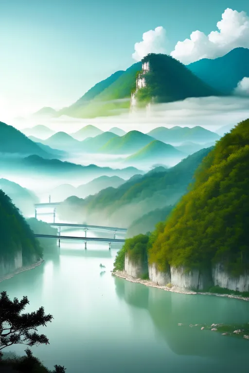 这幅图像是一幅美丽的河流穿过山谷的风景画。河流宽阔而平静,山谷四周环绕着高耸的葱郁山峦。山峦被薄雾笼罩,阳光明媚地照耀着整个景致。这幅画给人一种宁静祥和的感觉,令人感到平静和安宁。这幅画采用了写实的风格,色彩鲜艳生动。画面细节丰富,艺术家用心捕捉了这一美丽场景。这幅画是一件出色的艺术作品,无论是家中还是办公室,都会是一个绝佳的装饰品。