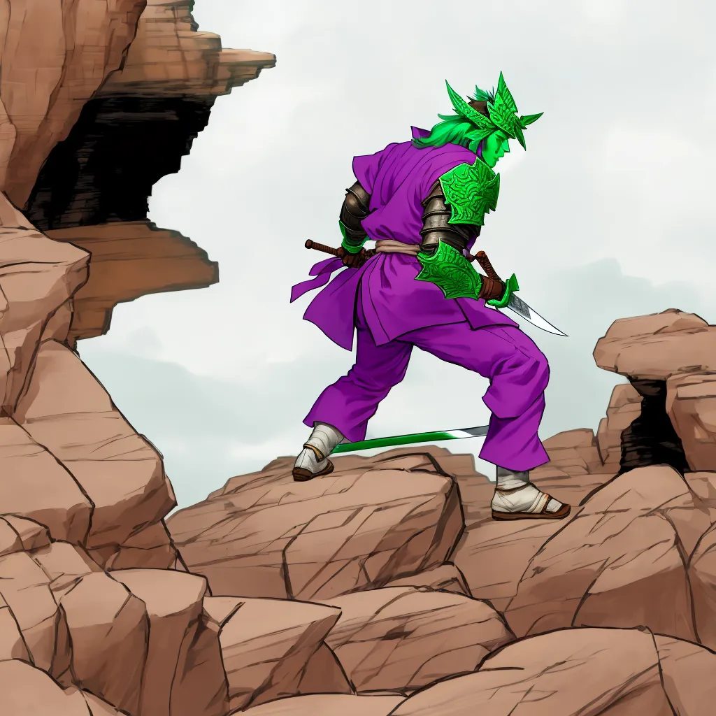 The image shows a samurai standing on a cliff. He is wearing a purple outfit with green and white accents. He has two swords, one in each hand. He is looking down at the valley below. The background is a rocky cliff face.