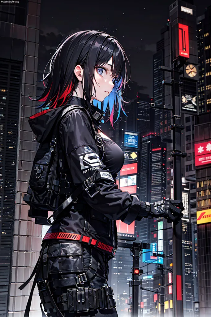 The image shows a young woman standing in a dark city. She is wearing a black jacket, a red and black striped shirt, and a black skirt. She has a backpack on her back and a gun in her hand. The city is full of tall buildings and neon lights. The woman is looking at something in the distance.