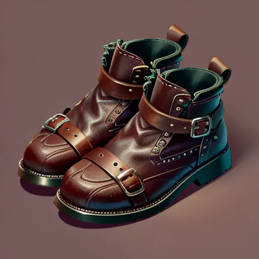 The image is of a pair of brown leather boots. The boots are high-top and have a lace-up front with four buckles and straps. The soles of the boots are thick and lugged. The boots are decorated with metal studs and rivets.