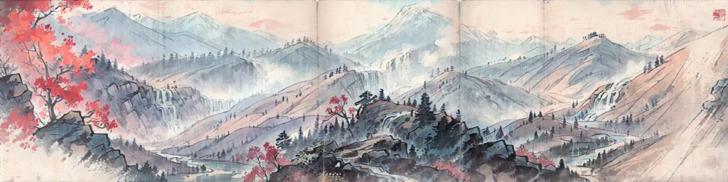 这幅图像是一幅中国山水画。它是一幅长长的横卷画。这幅画描绘了一个山区景观,有一条河流穿过山谷。山峰被雾气笼罩,树木繁茂。这幅画采用了写实风格,画家使用了各种笔触来创造出山峰、树木和水的不同质地。这幅画也非常细致入微,画家还包括了一些小细节,如天空中飞翔的鸟儿和河中游动的鱼。这幅画是中国山水画的一个美丽典范,是一件珍贵的艺术作品。