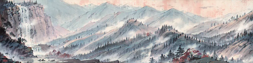 这幅图像是一幅宋代风格的中国山水画。它描绘了一个宽广的山脉,前景有一条河流。山峰被雾气和树木覆盖,左侧有一处瀑布。这幅画采用写实风格,细节丰富,阴影处理得当。色彩柔和含蓄,整体营造出一种宁静祥和的氛围。