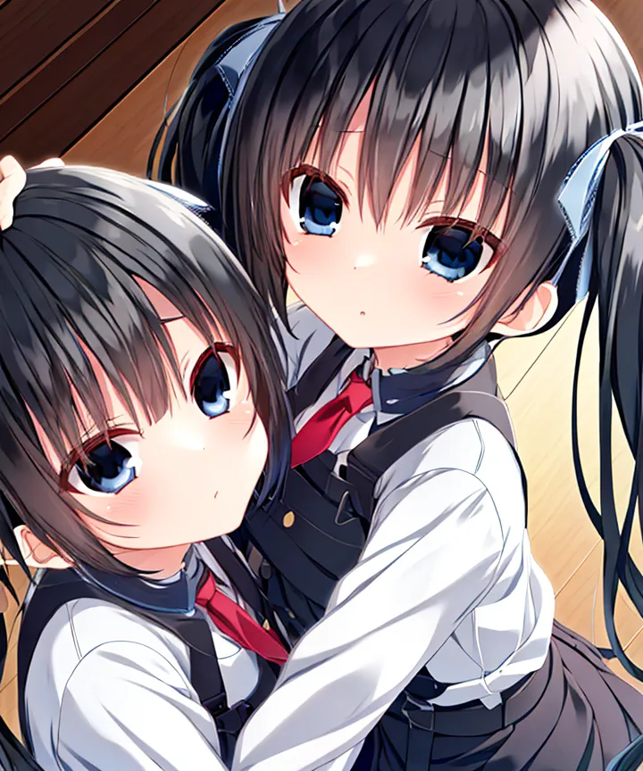 The image shows two anime girls with black hair and blue eyes. They are both wearing white shirts and black skirts. The girl on the left is slightly shorter than the girl on the right. They are standing close to each other and the girl on the right has her hand on the head of the girl on the left.