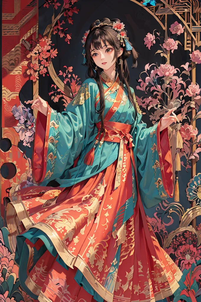 这幅图像是一幅描绘一位身穿传统中国服饰的年轻女性的绘画作品。她站在一个花园中,周围环绕着鲜花和树木。女子穿着一件长长的、流动的连衣裙,上面有红色和金色的图案。她有一头乌黑的长发,戴着传统的中国头饰。女子站立的姿势优雅,双臂微微抬起。她面带宁静的表情。这幅画采用了写实的风格,色彩鲜艳逼真。