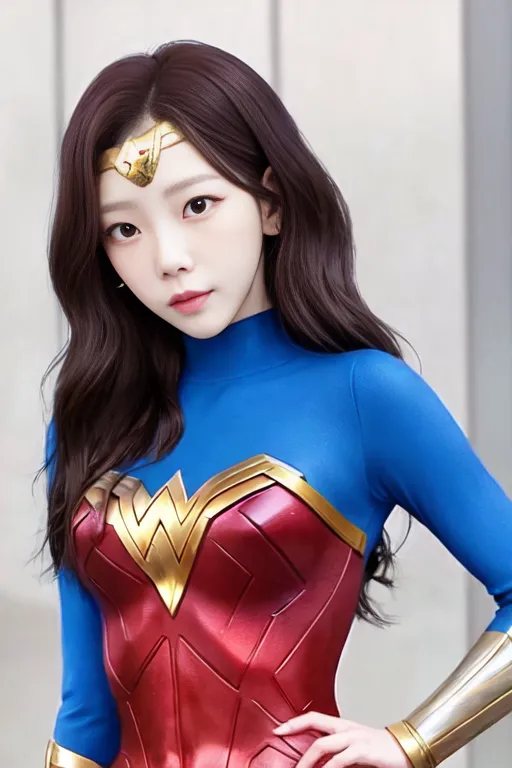 This is a photo of a young woman dressed as Wonder Woman. She is wearing a blue and red bodysuit and a gold tiara. She has long, dark hair and brown eyes. She is standing with her hands on her hips and looks confident and powerful. The background is white.