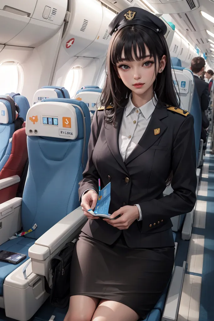 The image shows an anime-style flight attendant standing in the aisle of an airplane. She is wearing a navy suit jacket and skirt with a white blouse and black necktie. She has a black hat with a gold band on her head and a name tag on her jacket. She is holding a boarding pass and smiling at the camera. There are empty seats in the background.