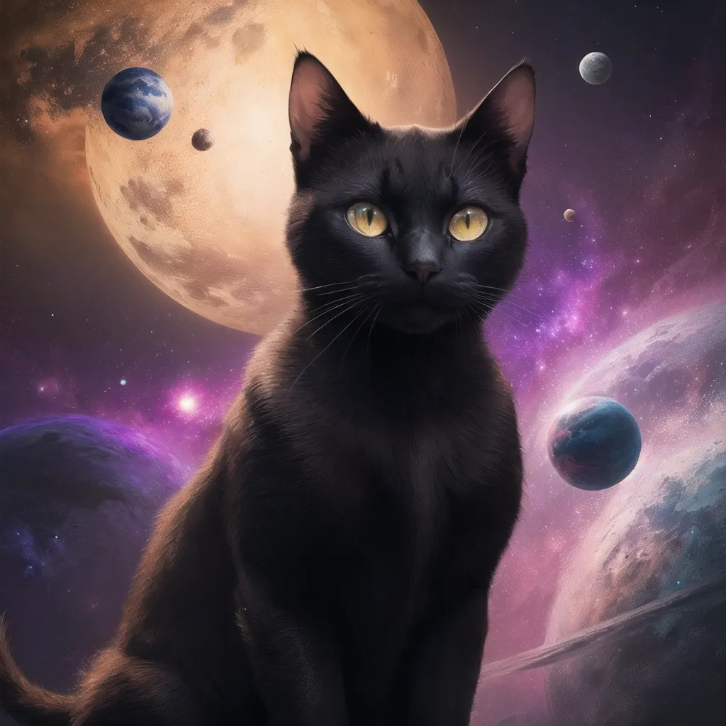 这是一幅黑猫坐在太空中的数字绘画作品。猫咪正凝视着观者,眼睛是黄色的。背景中有几颗行星和卫星,包括地球、土星、木星和火星,以及火卫一、火卫二、木卫一和木卫二。猫咪正坐在一块岩石或碎片上。背景中还有星星和星系。