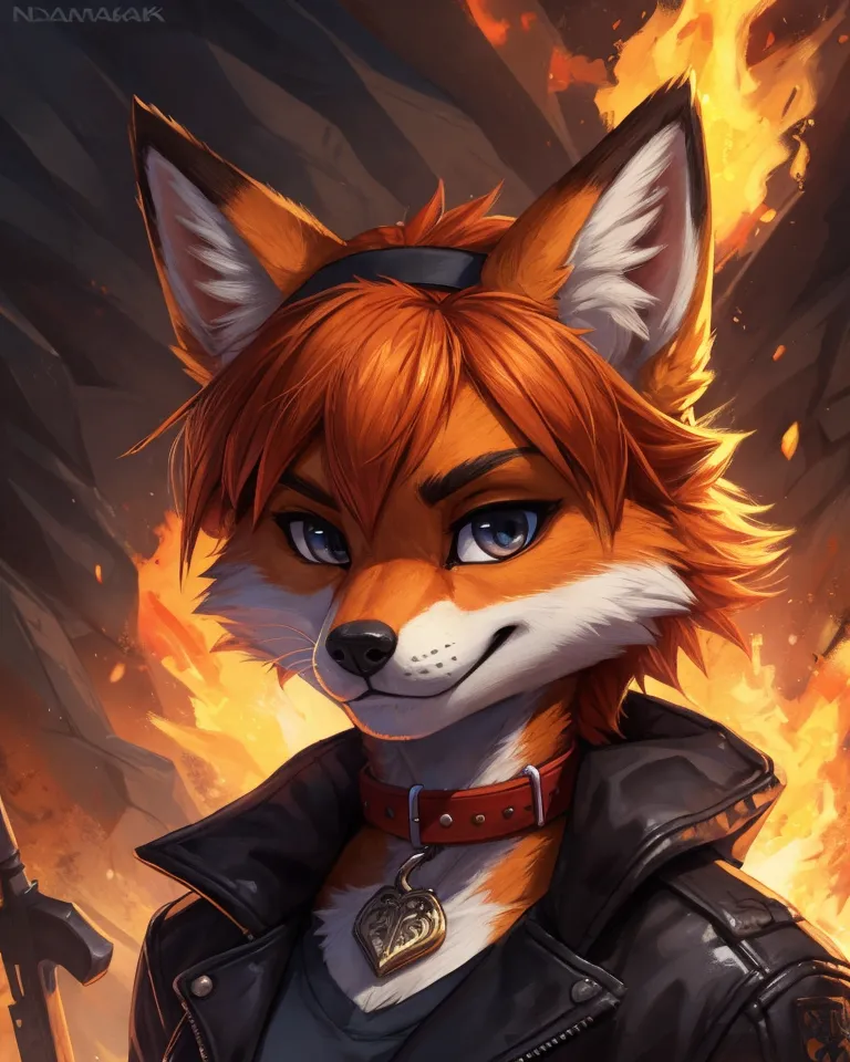 This is a picture of a fox furry. It has bright orange fur and blue eyes. It is wearing a black leather jacket and a red collar with a heart-shaped pendant. It has a confident expression on its face and is standing in front of a fiery background.